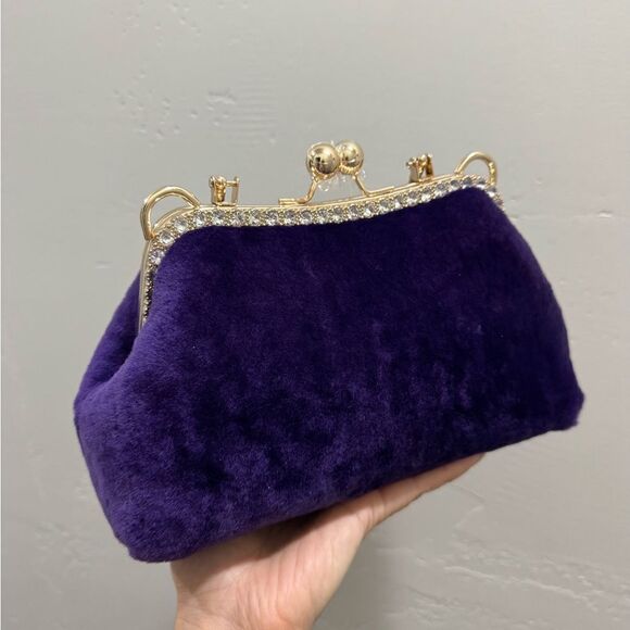 Purple Handmade Genuine Shearling Kisslock Top Handle bag/Shoulder Bag/Crossbody - Picture 11 of 16